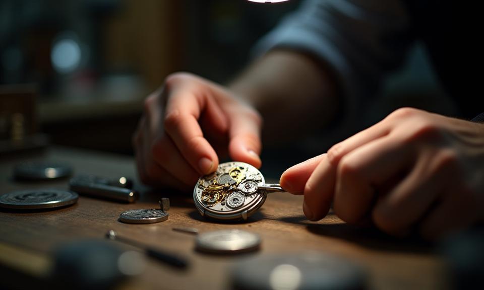 Close-up of a watchmaker's hands meticulously working on a watch movement, symbolizing quality craftsmanship.