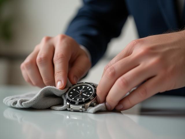 A pair of hands meticulously cleaning a watch with a soft microfiber cloth, highlighting watch maintenance.