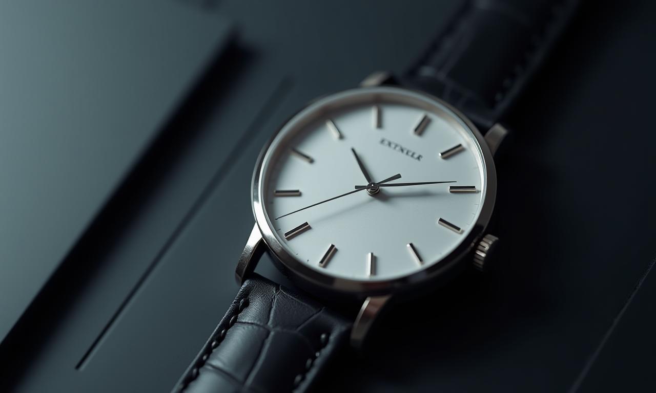 Close-up of a minimalist men's watch on a modern backdrop, showcasing elegance.