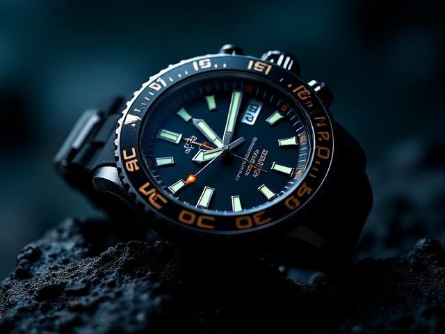Robust sport diver watch for men with a rotating bezel and luminous hands.
