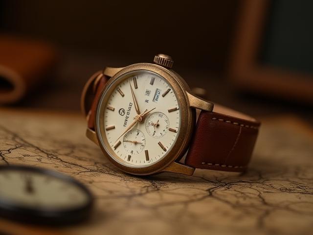 Vintage-inspired men's watch with subtle details, featuring a classic brown leather strap.
